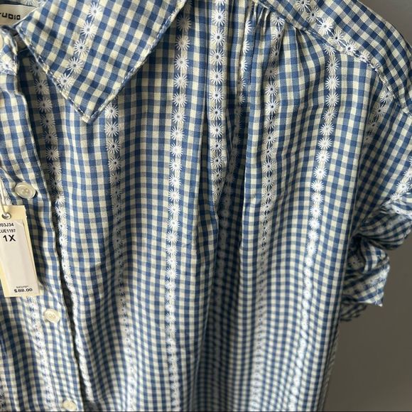 NWT Max studio women's embroided top,button down, gingham print,white, boho - Picture 3 of 14